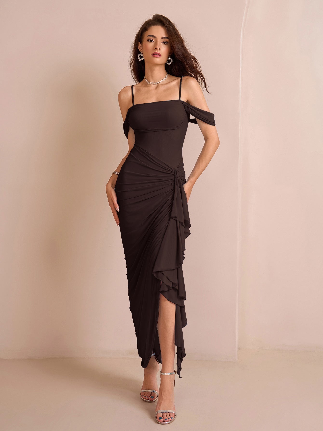 Draped Sleeve Ruched Crisscross Waist Asymmetrical Hem Mesh Dress