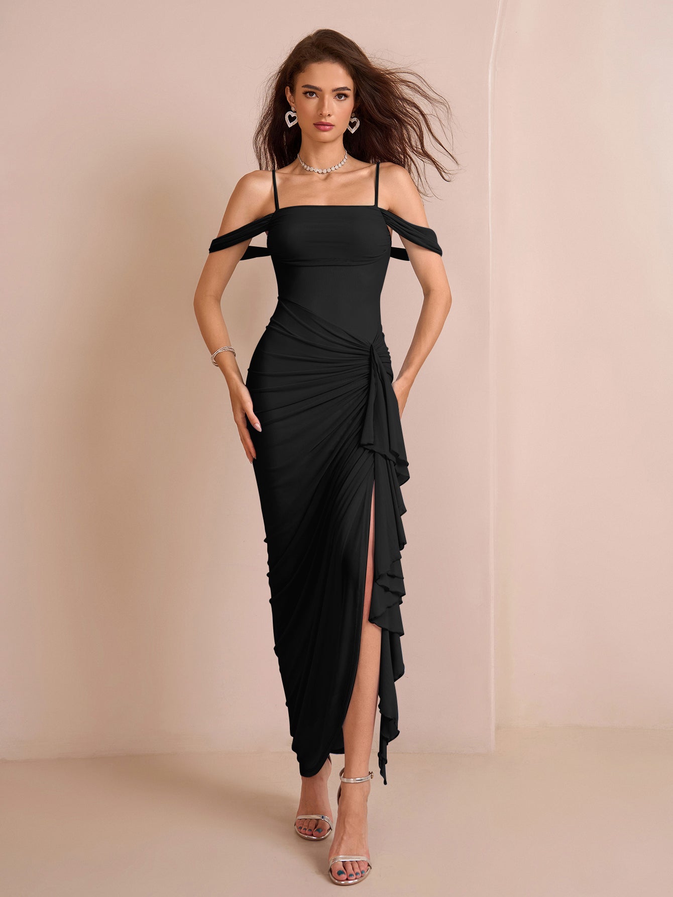 Draped Sleeve Ruched Crisscross Waist Asymmetrical Hem Mesh Dress