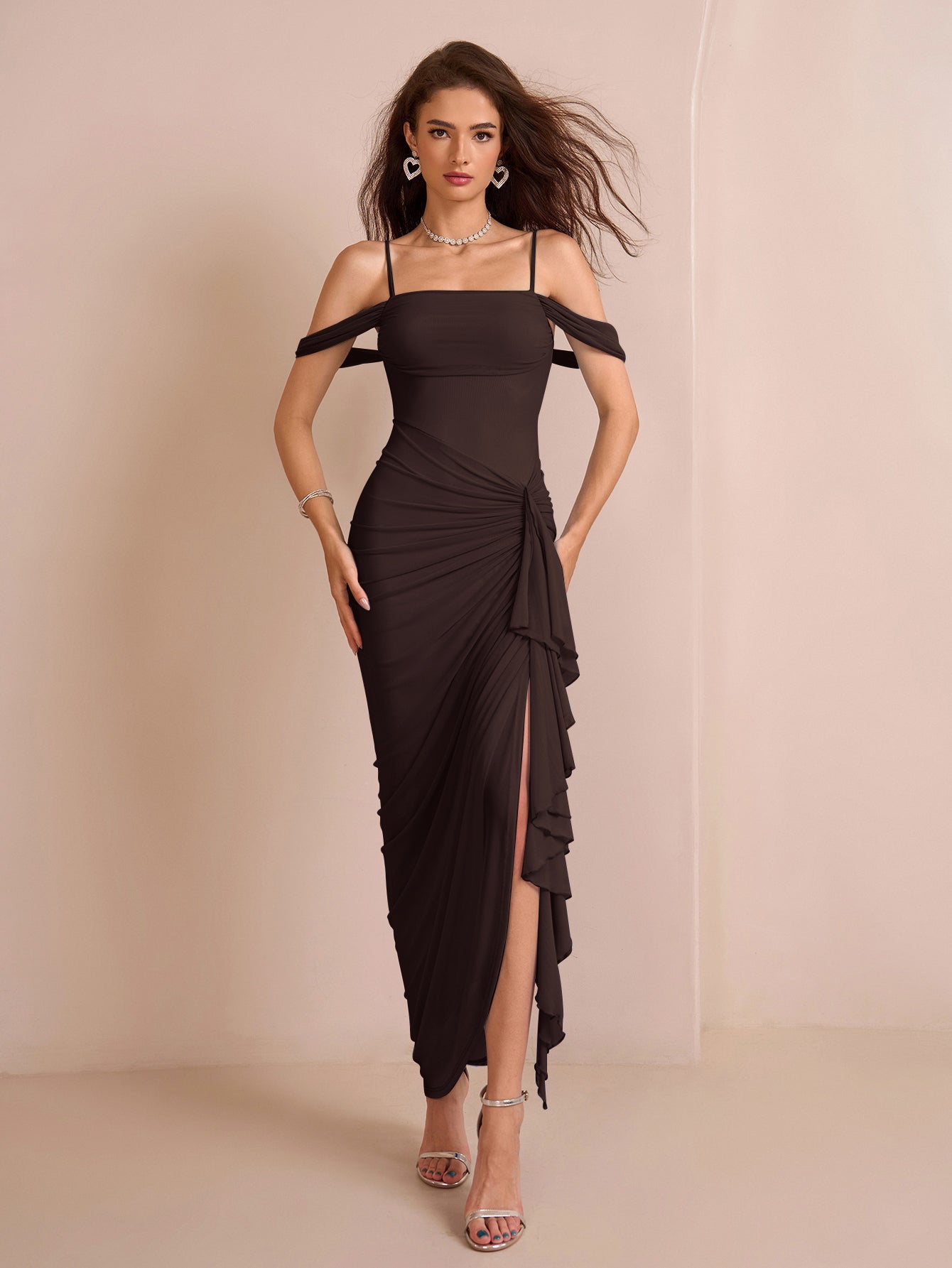 Draped Sleeve Ruched Crisscross Waist Asymmetrical Hem Mesh Dress