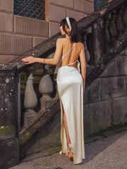Draped Split Thigh Satin Backless Maxi Dress