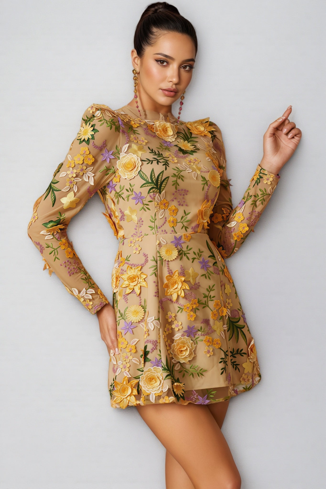 Miley Yellow Flower Embroidered Mini Dress