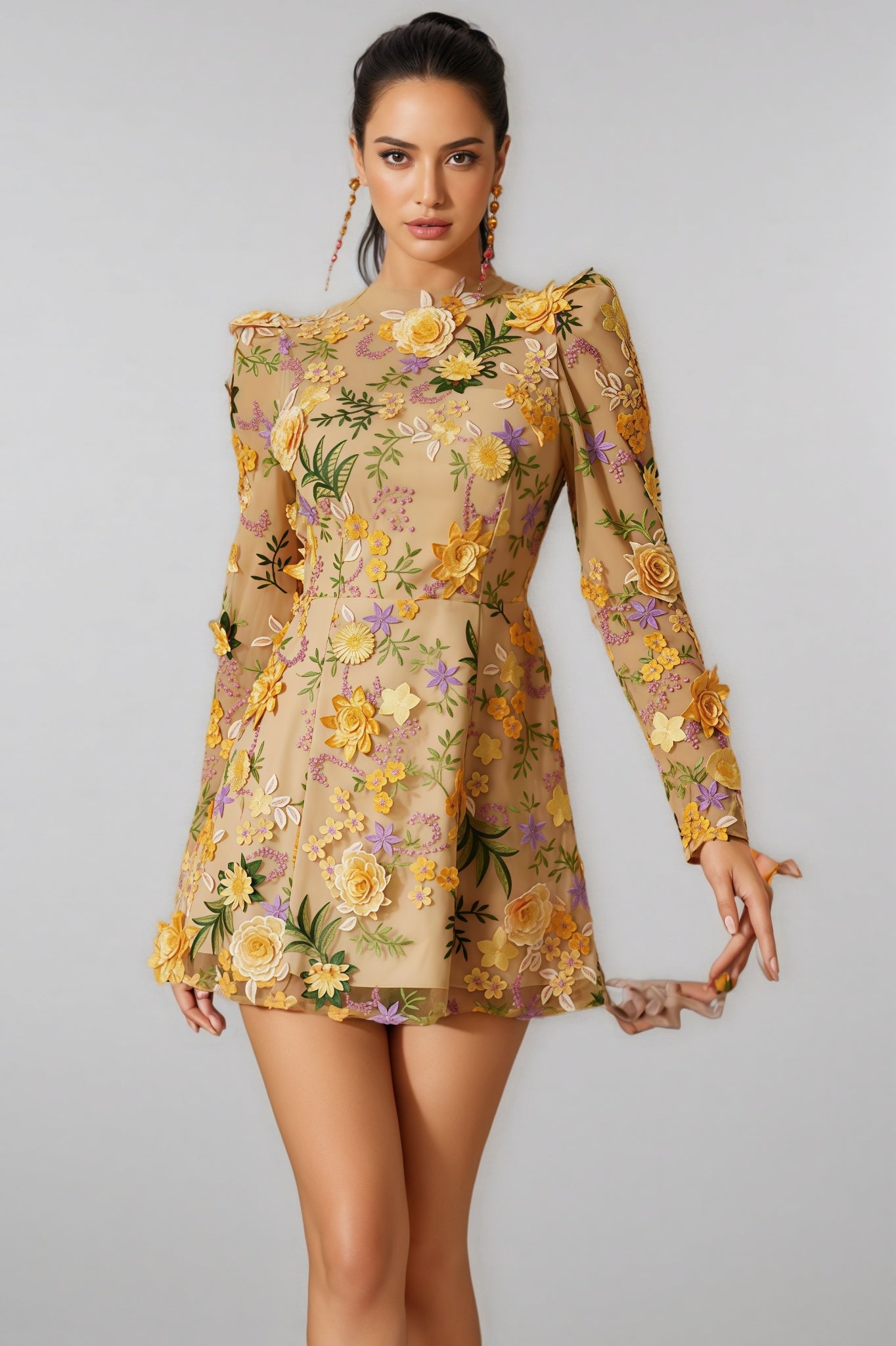 Miley Yellow Flower Embroidered Mini Dress
