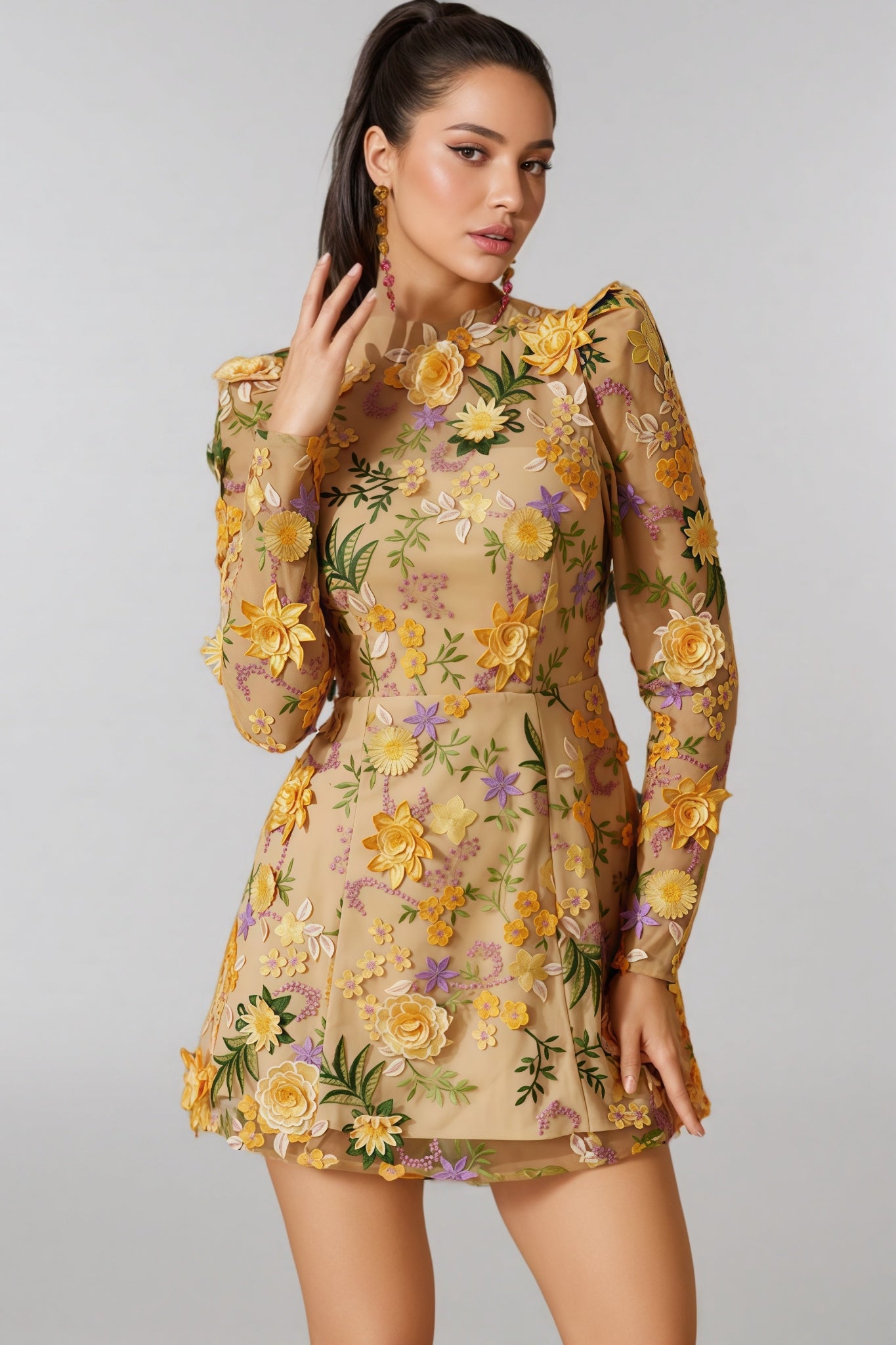 Miley Yellow Flower Embroidered Mini Dress