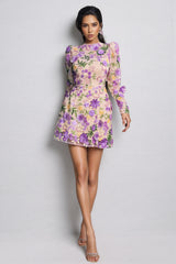 Taina Purple Flower Embroidered Mini Dress