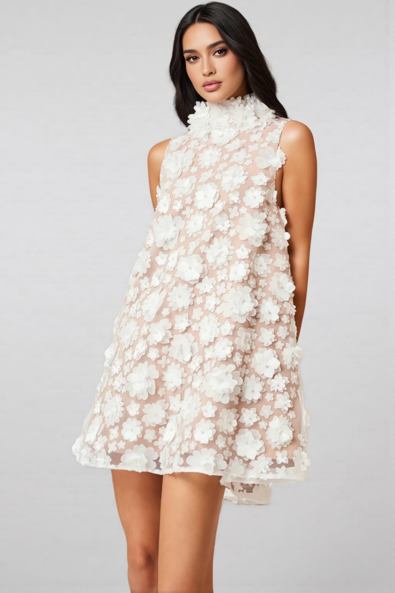 Maline White High Neck Trapeze Mini Dress
