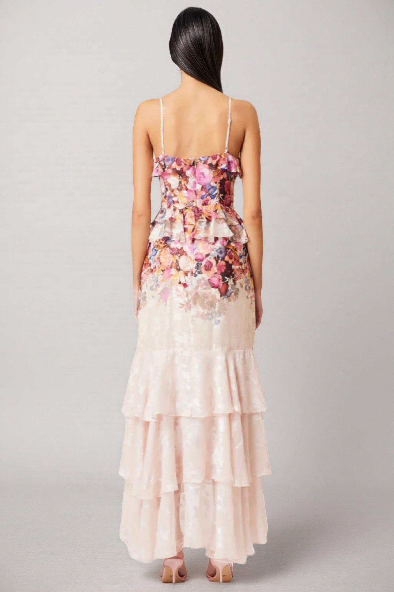 Anwes Pink Floral Frilled Maxi Dress