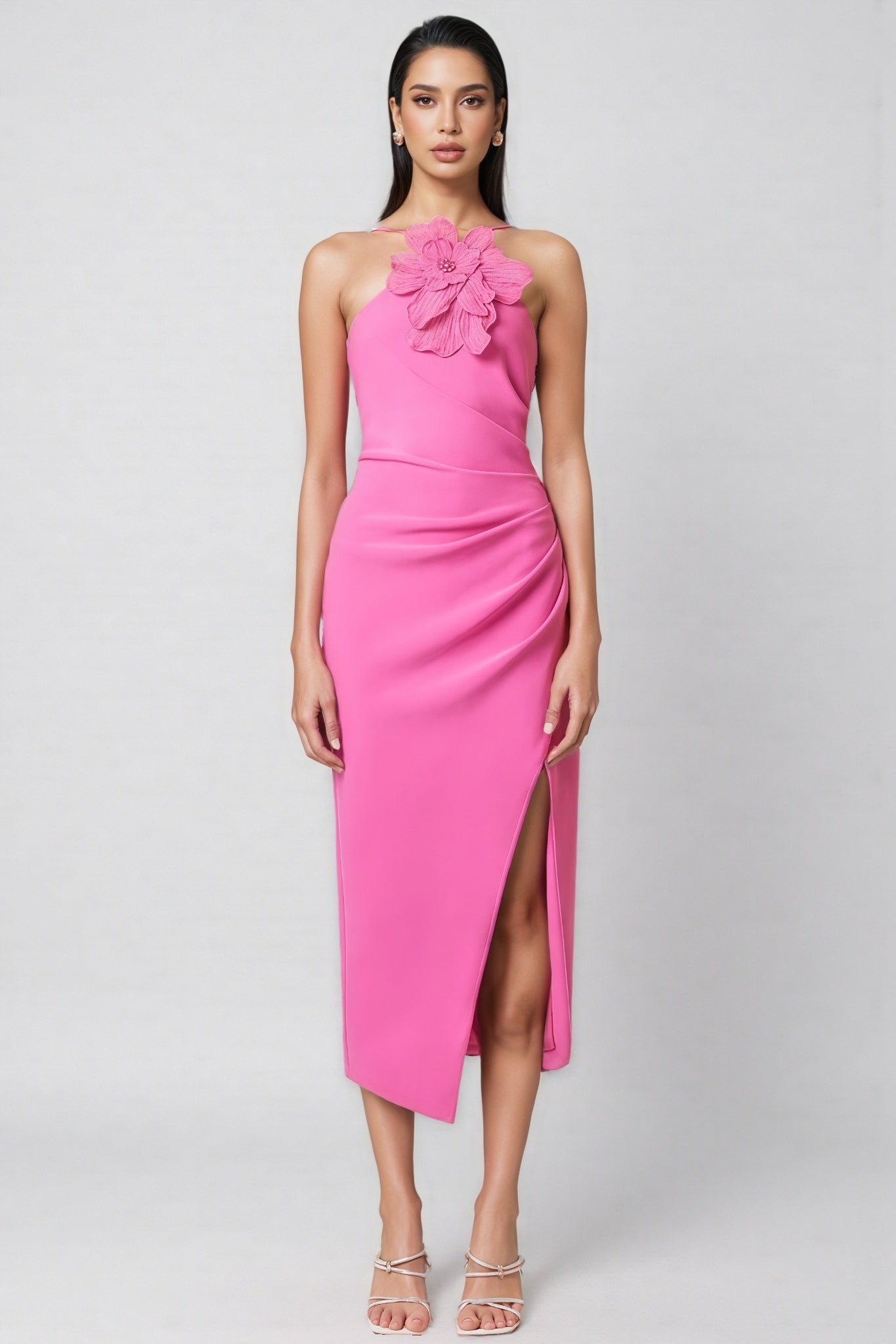 Lorrlk Pink 3D Floral Midi Dress