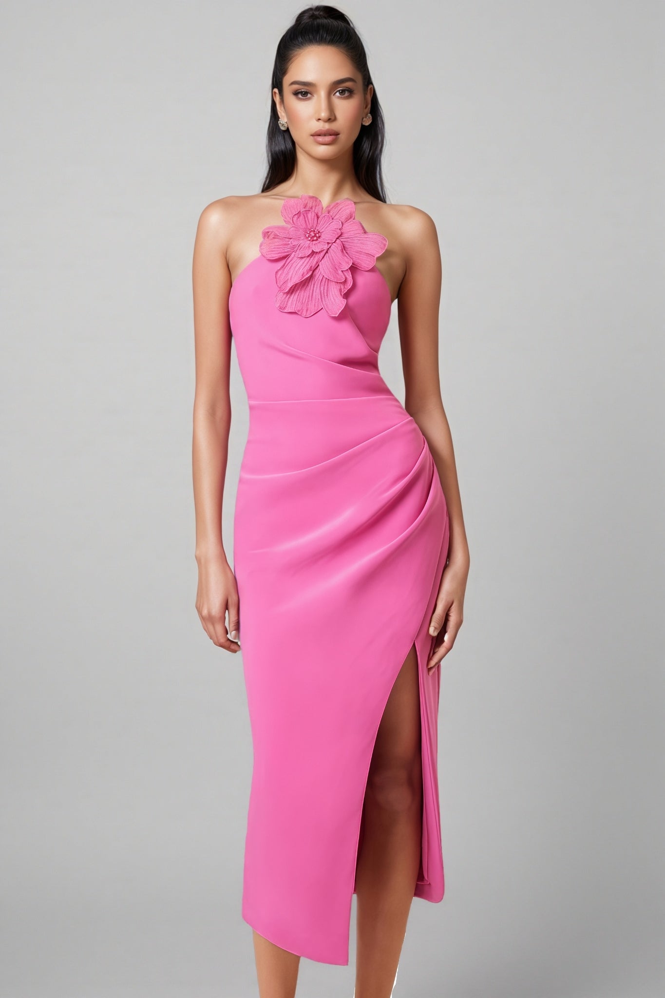 Lorrlk Pink 3D Floral Midi Dress