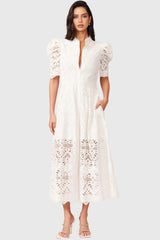 Evian White Bubble Sleeve Midi Dress