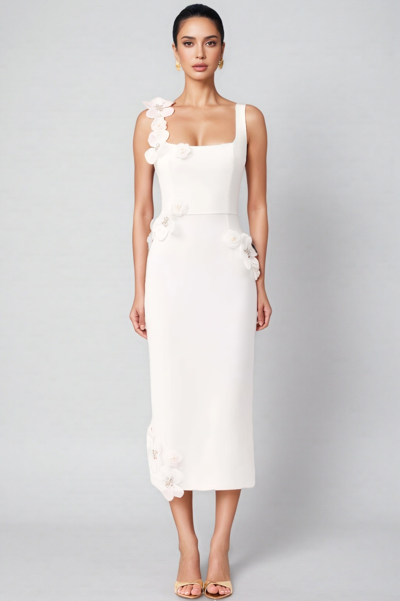 Flavia White 3D Floral Midi Dress