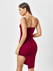 Embellished Bead Ruched Zipper Back Mesh Dress