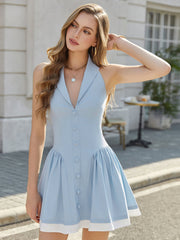 Embellished Button Backless Contrast Pleated Hem Dress