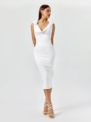Embellished V-Neck Draped Back Midi Dress