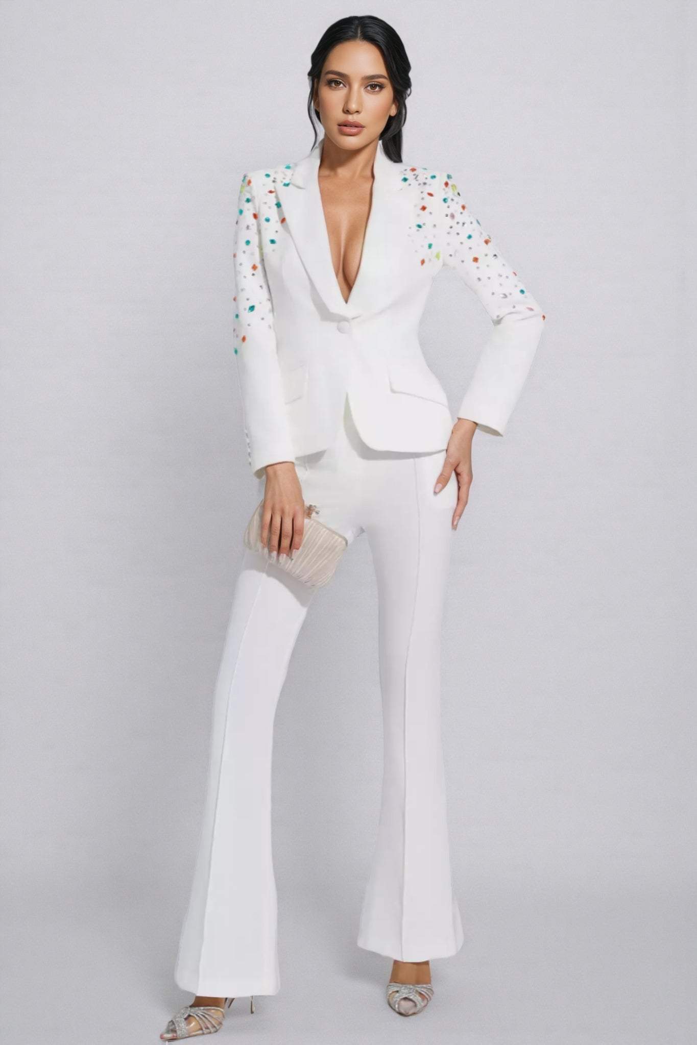 Mavi Coloured Diamonds Blazer Set-White