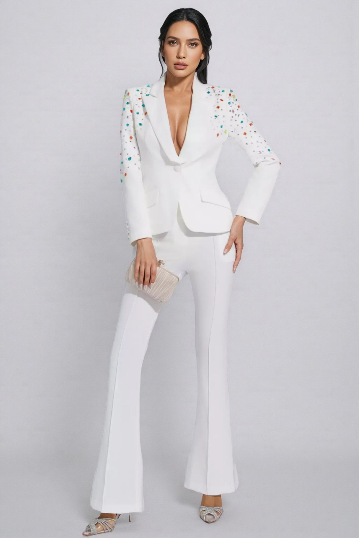 Mavi Coloured Diamonds Blazer Set-White