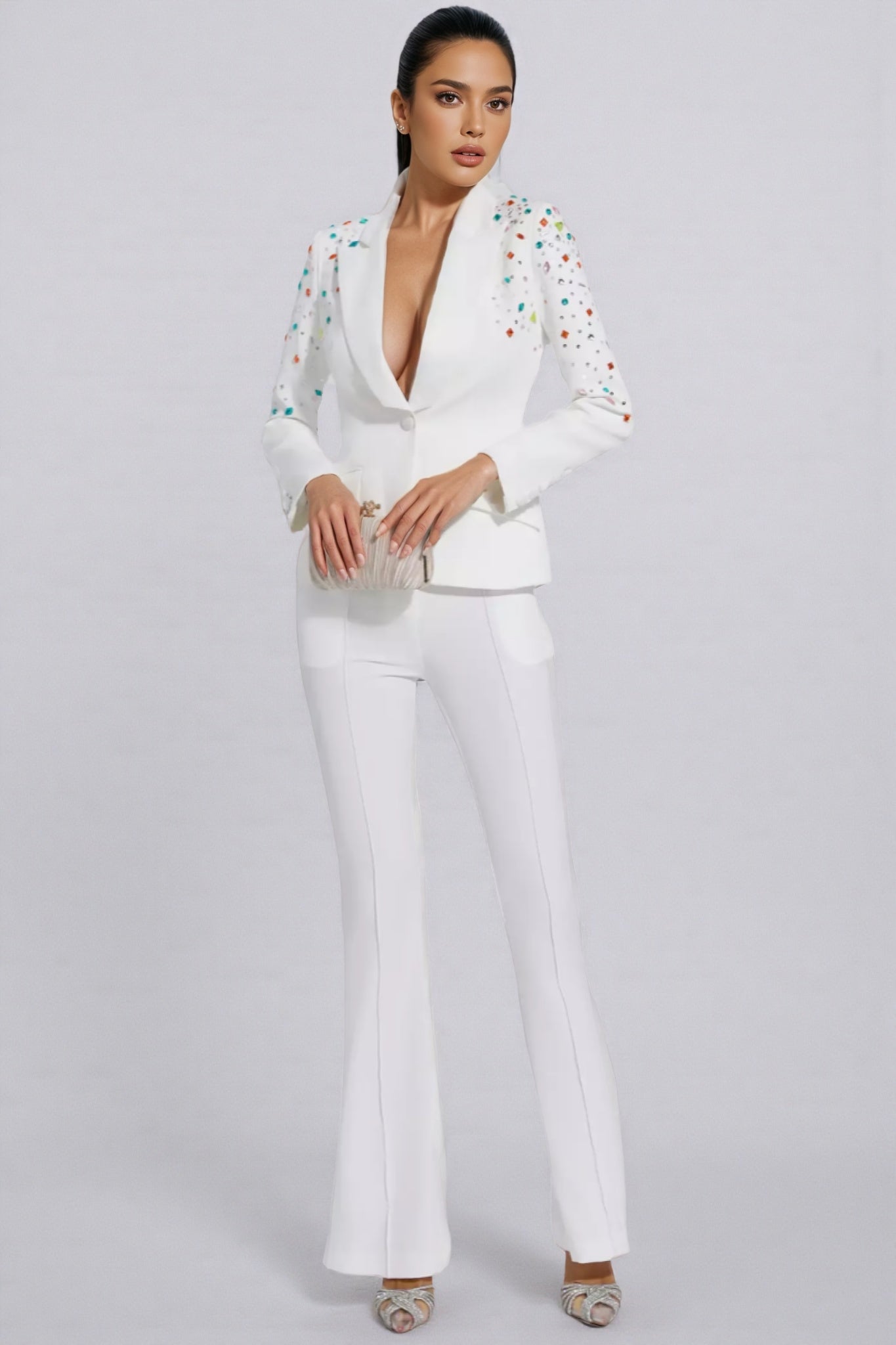 Mavi Coloured Diamonds Blazer Set-White