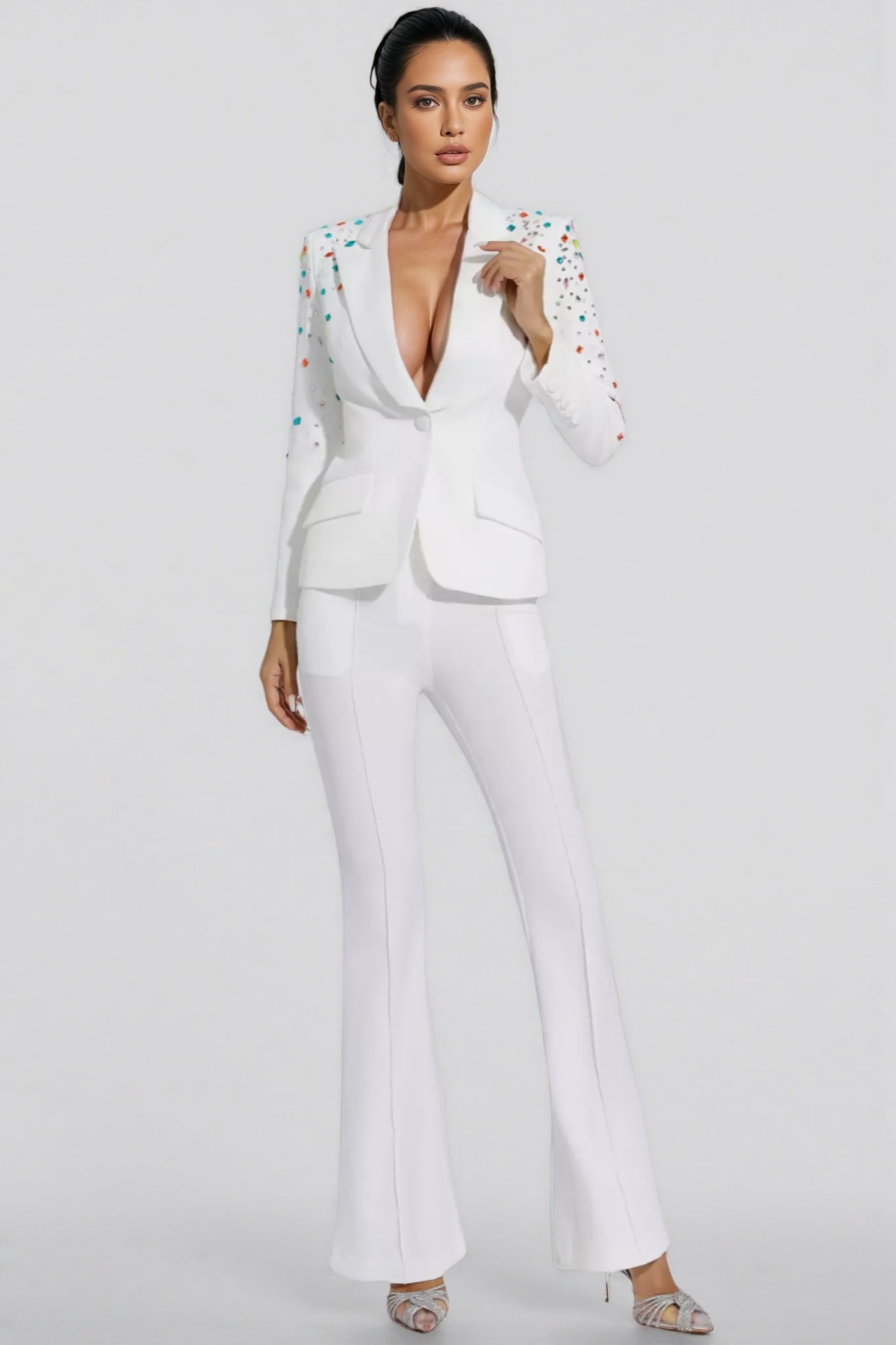 Mavi Coloured Diamonds Blazer Set-White
