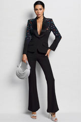 Celi Coloured Diamonds Blazer Set-Black