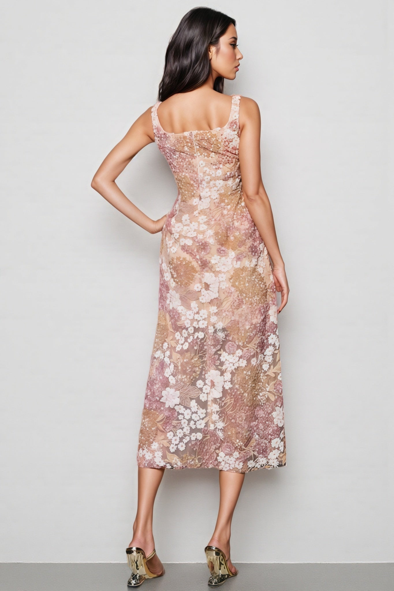 Gaeldriel Spaghetti Sequin Embroidered Midi Dress