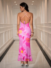 Floral Print Ruched Crisscross Back Maxi Dress