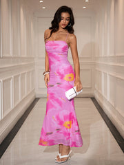 Floral Print Ruched Crisscross Back Maxi Dress