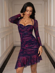 Floral Print Ruched Tie Back Bodycon Dress