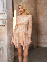 Flounce Sleeve Mesh Floral Print Asymmetrical Hem Dress