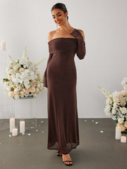Flounce Sleeve Off Shoulder Mesh Bodycon Dress