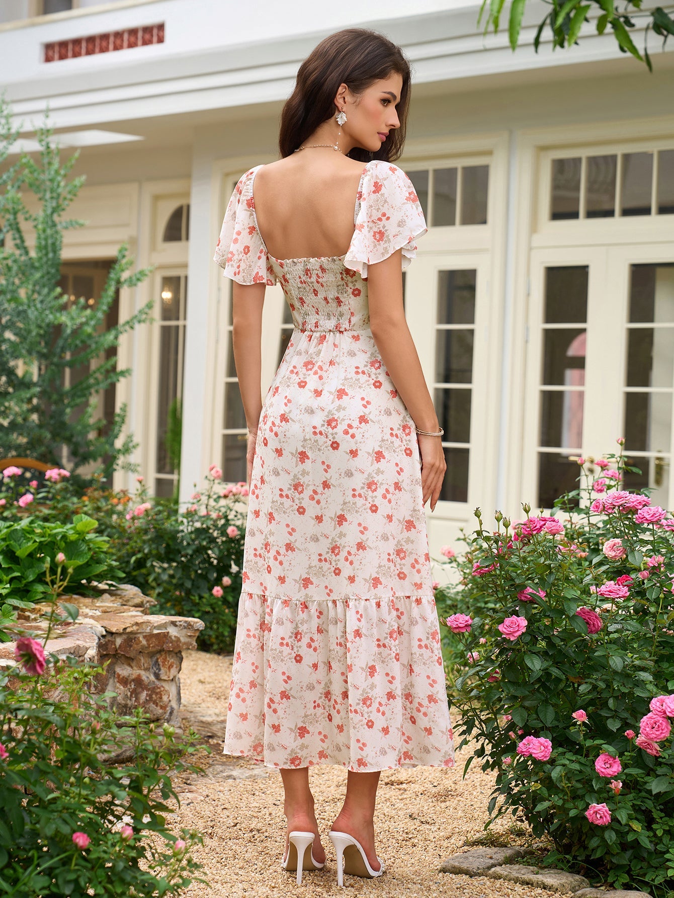 Flounce Sleeve Ruched Backless Floral Print Dress
