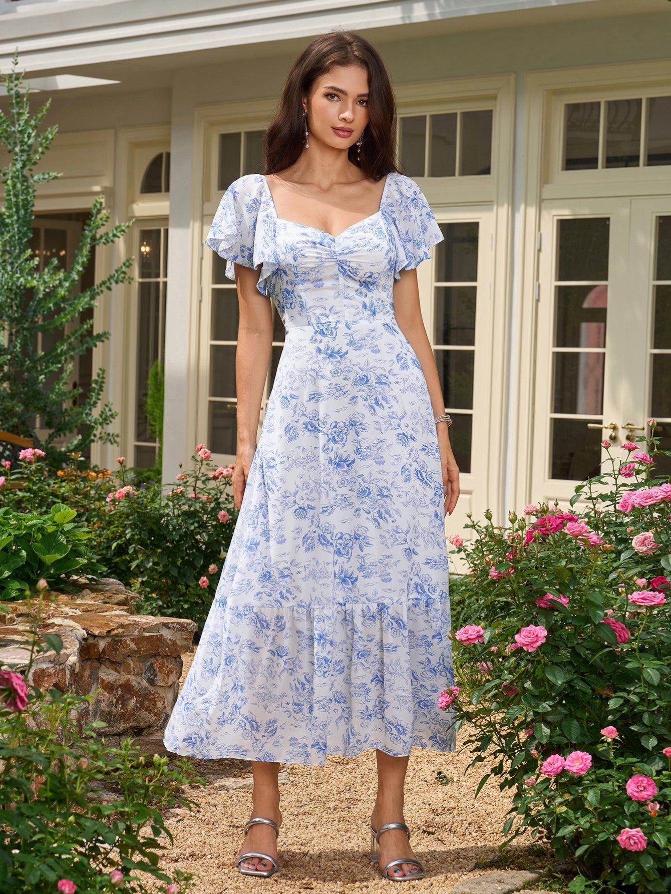Flounce Sleeve Ruched Backless Floral Print Dress