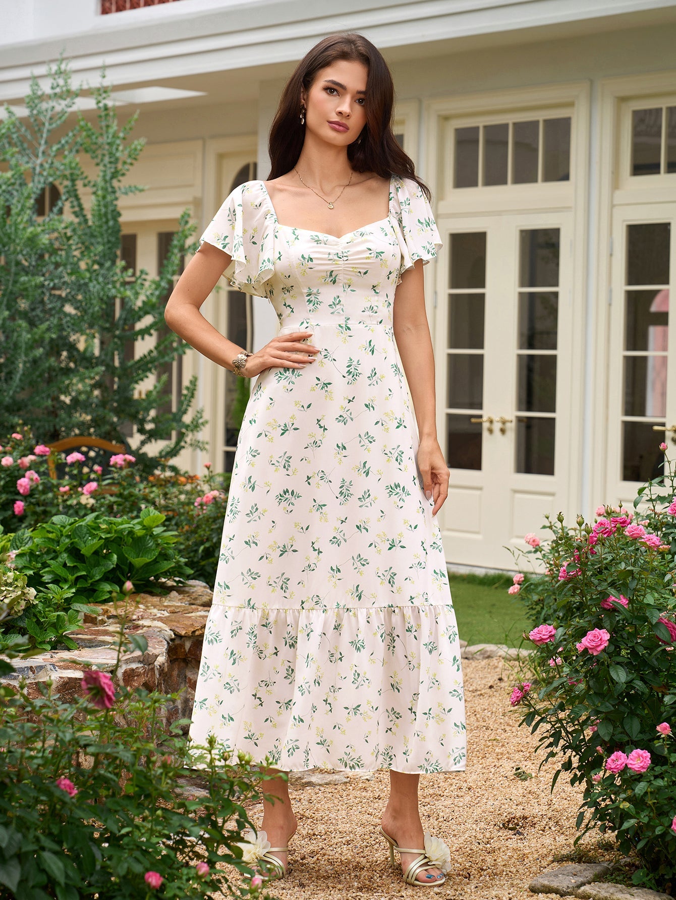 Flounce Sleeve Ruched Backless Floral Print Dress