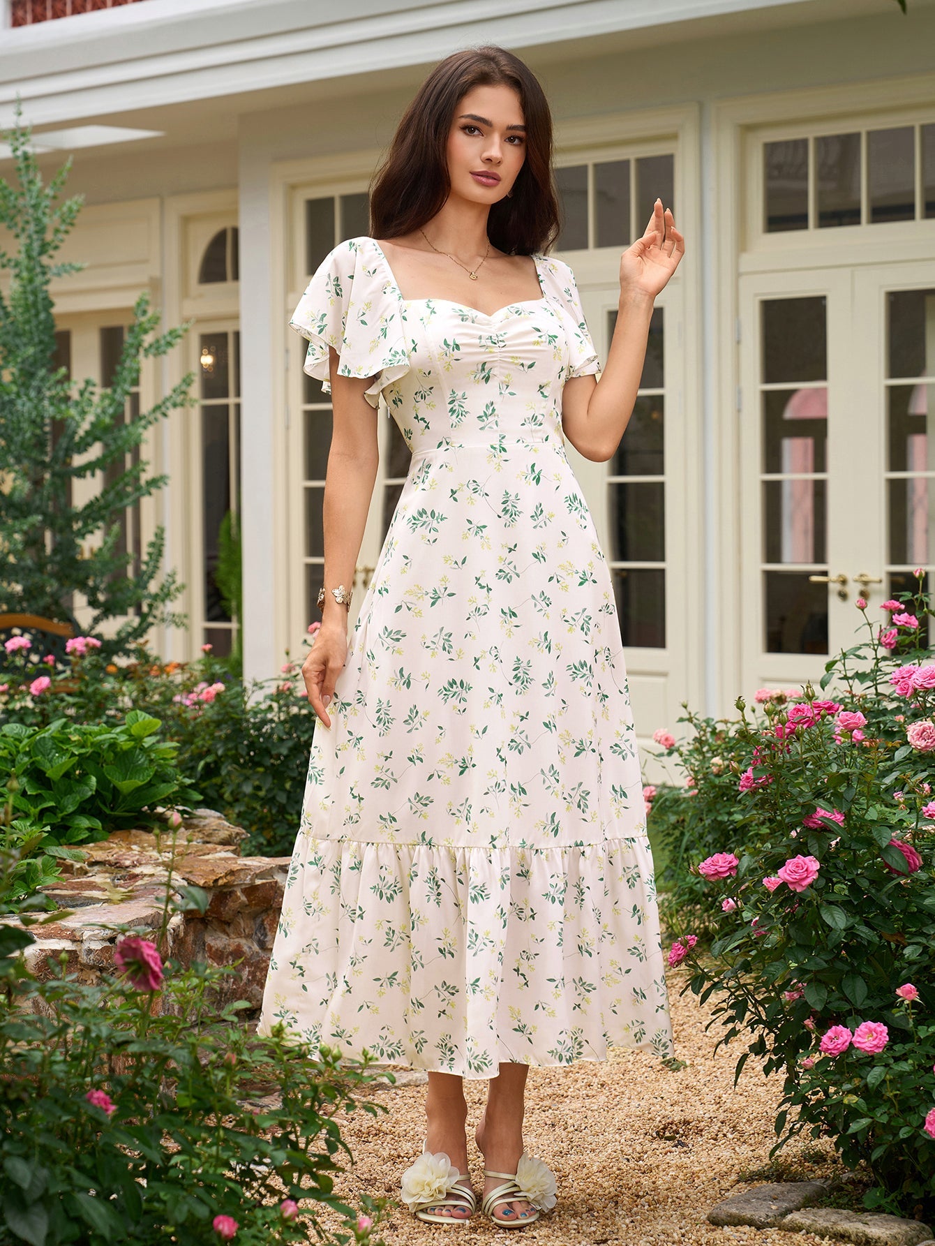 Flounce Sleeve Ruched Backless Floral Print Dress