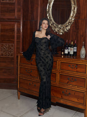 Flounce Sleeve Tie Front Flocked Mermaid Hem Dress