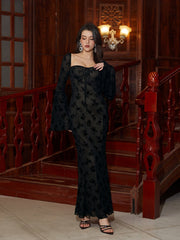Flounce Sleeve Tie Front Flocked Mermaid Hem Dress