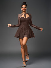 Flounce Sleeve Tie Front Glitter Mesh Flared Dress
