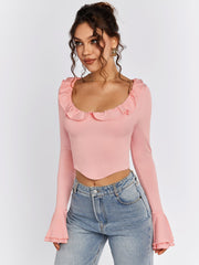 Flounce Sleeve Trim Tie Back Top