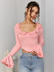 Flounce Sleeve Trim Tie Back Top