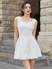 Flounce Trim Ruched Backless Solid Mini Dress