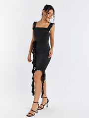Fly Sleeve Embellished Flower Asymmetrical Hem Dress