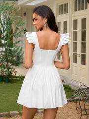 Fly Sleeve Ruched Bust Embellished Button Backless Dress
