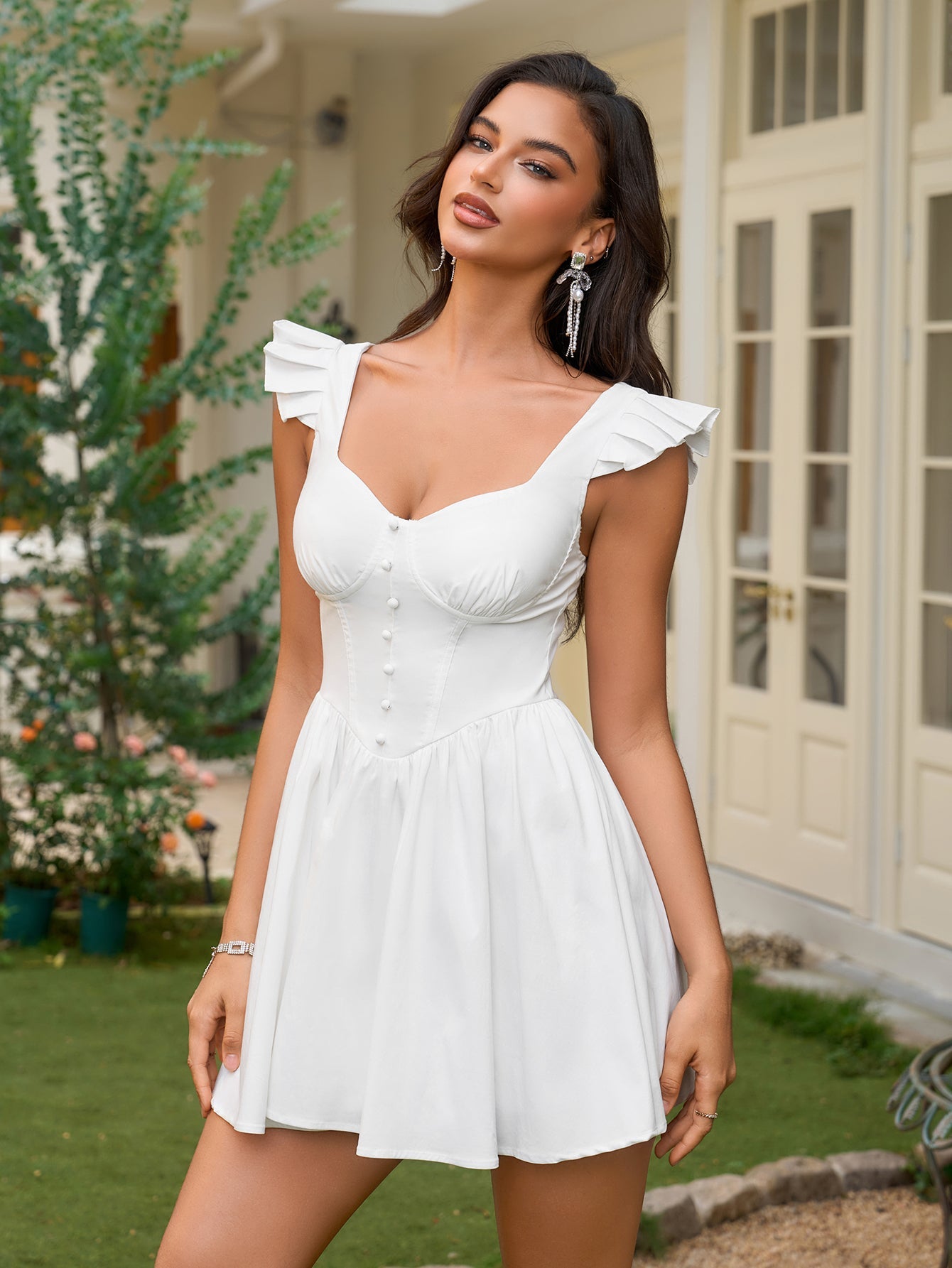 Fly Sleeve Ruched Bust Embellished Button Backless Dress