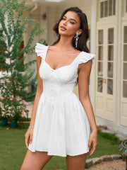 Fly Sleeve Ruched Bust Embellished Button Backless Dress