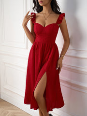 Fly Sleeve Ruched Split Thigh Solid Dress