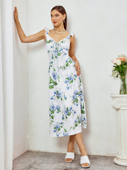 Fly Sleeve V-Neck Crisscross Tie Back Floral Print Dress