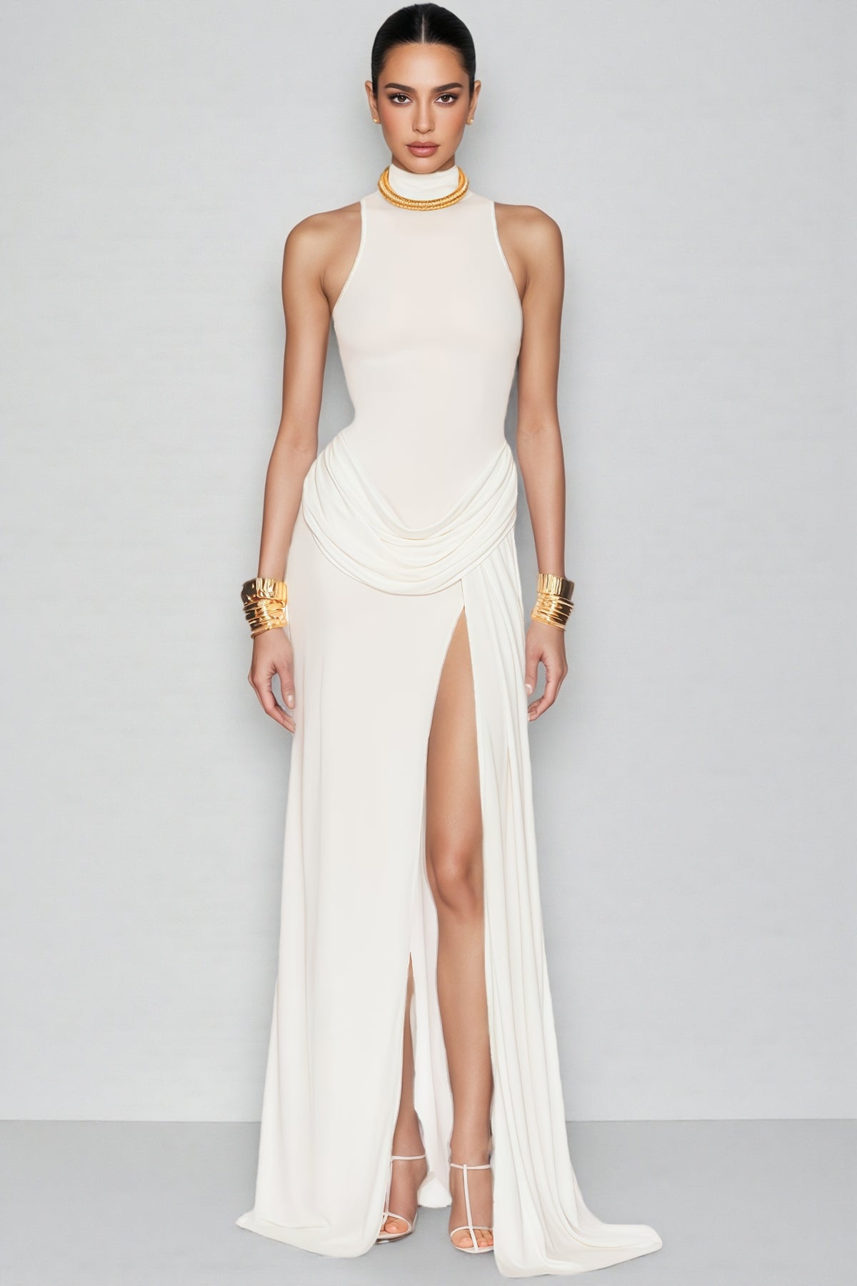 Jacinda White Backless Pleated Slit Maxi Dress