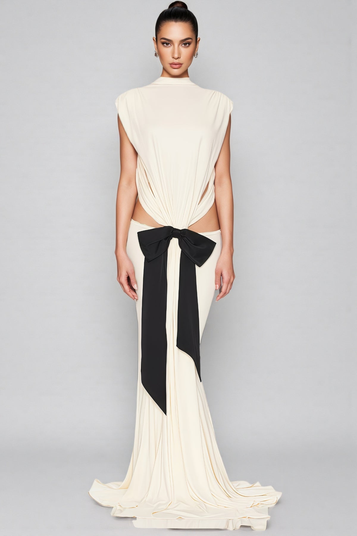 Gaelyra White Backless Satin Pleated Maxi Dress