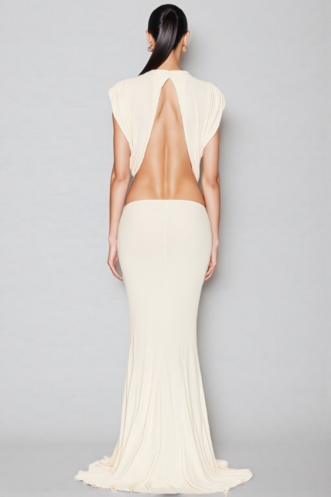 Gaelyra White Backless Satin Pleated Maxi Dress