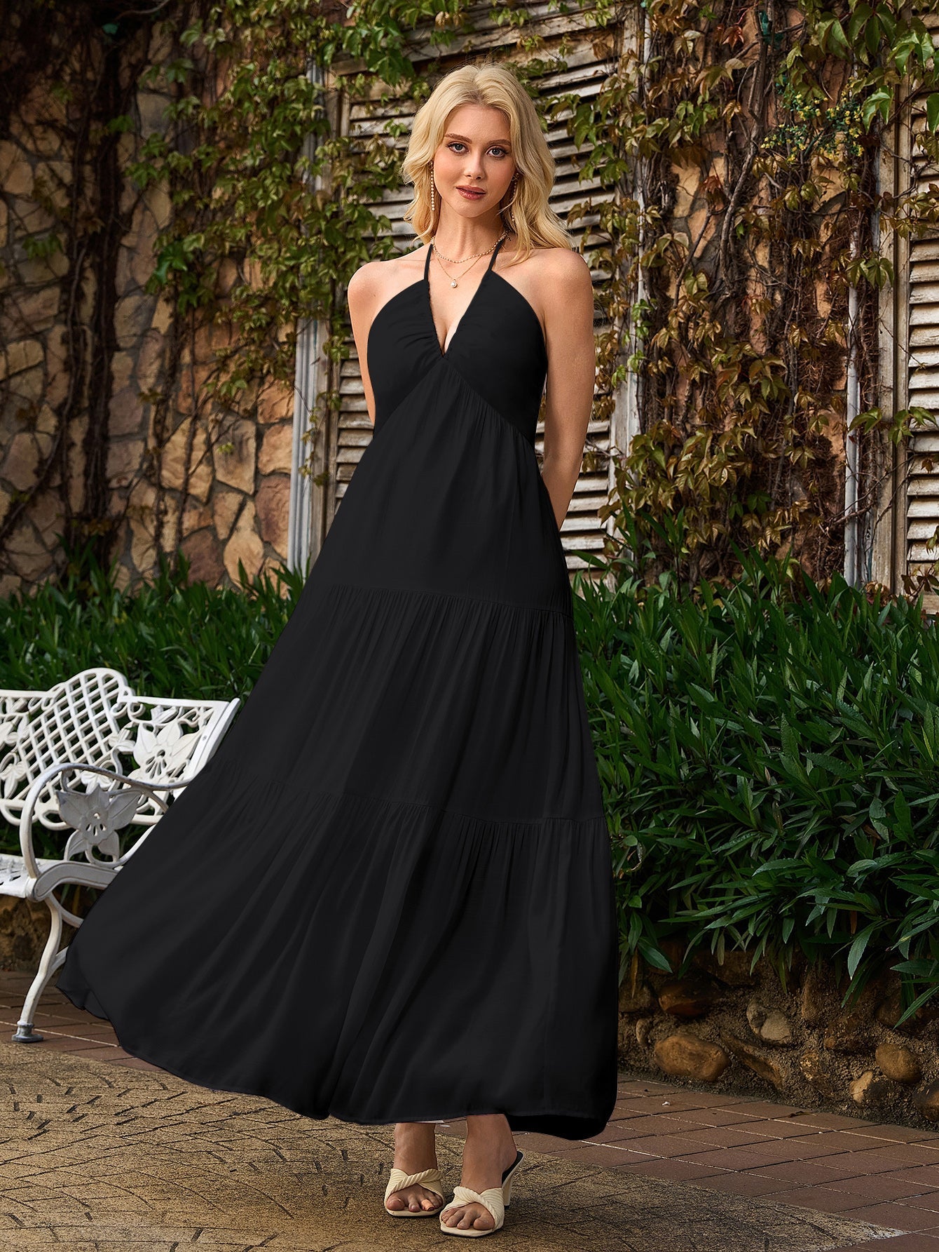 Halter Bow Tie Back Ruched Bust Maxi Dress