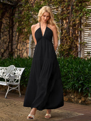 Halter Bow Tie Back Ruched Bust Maxi Dress