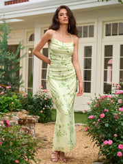 Halter Crisscross Tie Back Ruched Floral Print Mermaid Dress